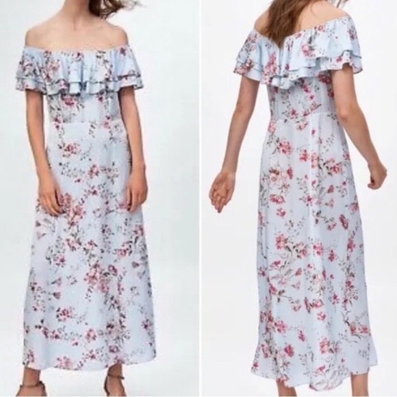 Zara Dresses & Skirts - ZARA Floral Off the Shoulder Maxi Dress sz medium soft silky 100% viscose
